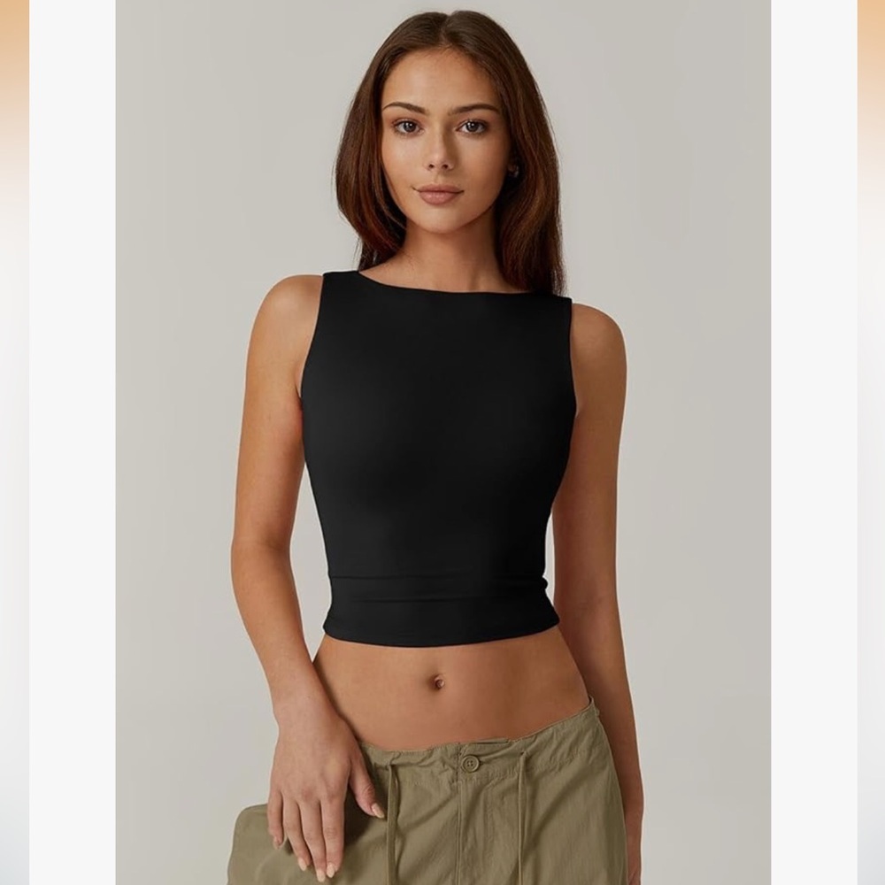 Women's Sexy‎ Open Back Sleeveless Crop Tank High Neck Slim Fit Cropped Top Y2K - Picture 2 of 8
